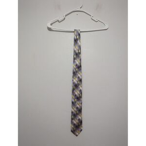 Van Heusen Mens Neck Tie 100% Silk Grey Yellow Geometric Checkered Pattern